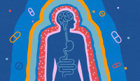 illustration showing pills, the gut, and the brain